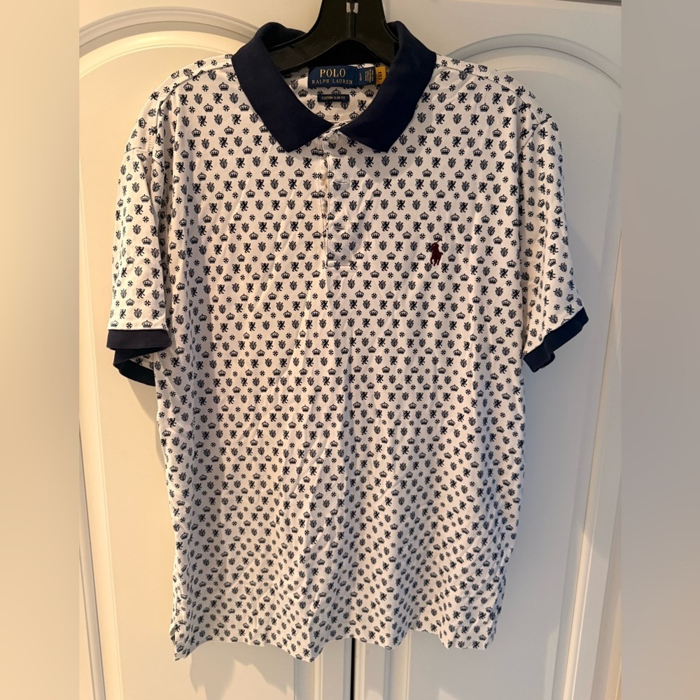 Men's White and navy logo Polo Shirt slim fit - Picture 2 of 4